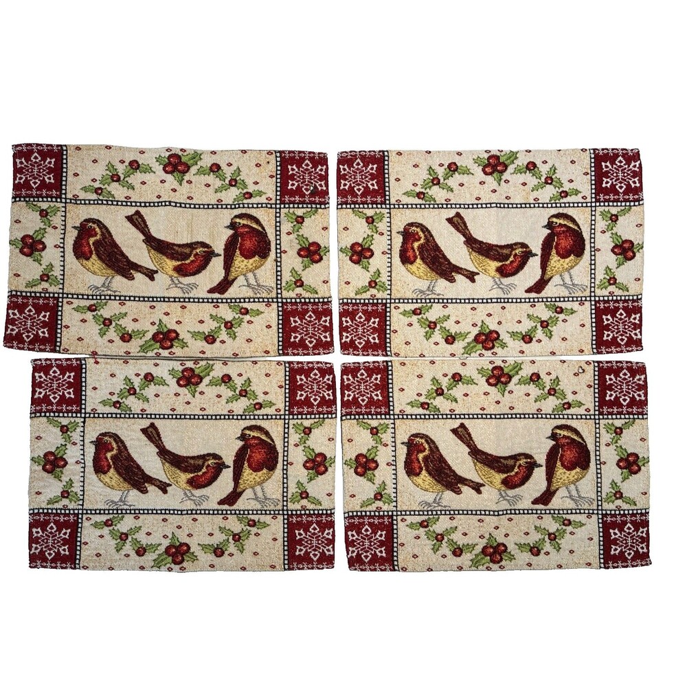 Christmas Winter Bird Tapestry Placemats Set/4 Holiday Snow Holly Gold Metallic